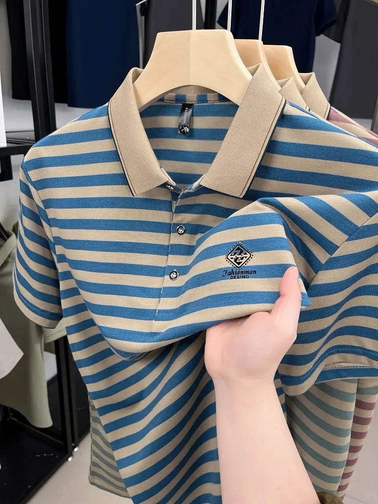 Luxury brand striped rhinestone short sleeve T-shirt men's lapel casual top summer trend ice silk breathable business polo shirt