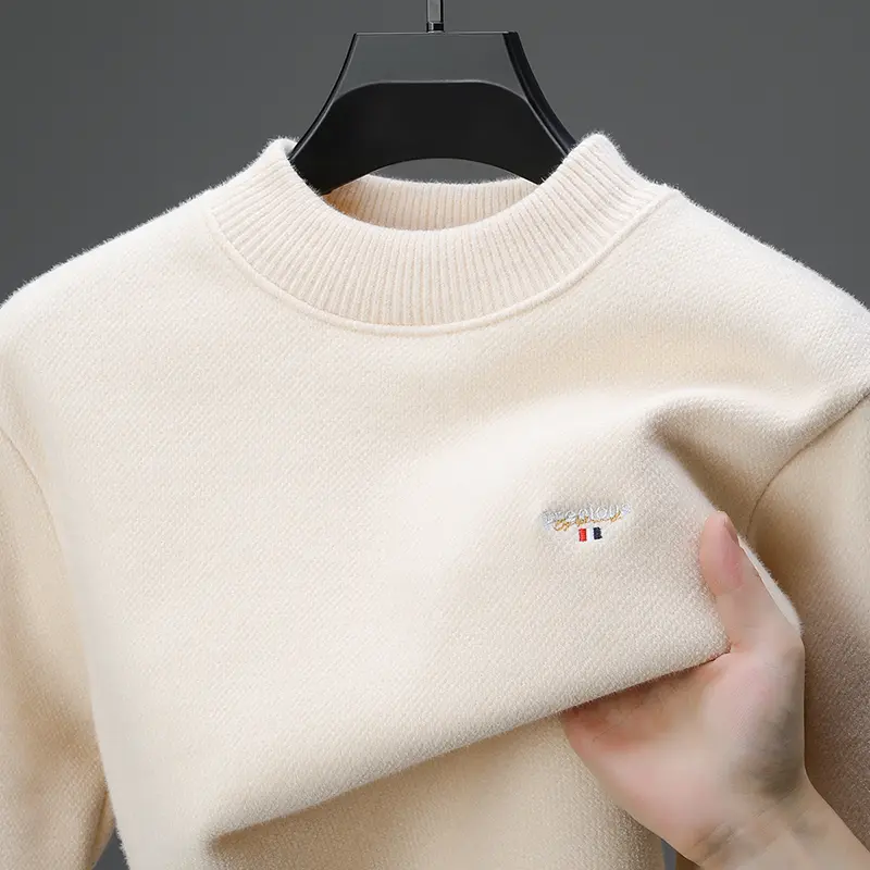 Luxury high-end round neck sweater men's trendy new Korean style casual brand embroidered winter plush thick warm knit pullover