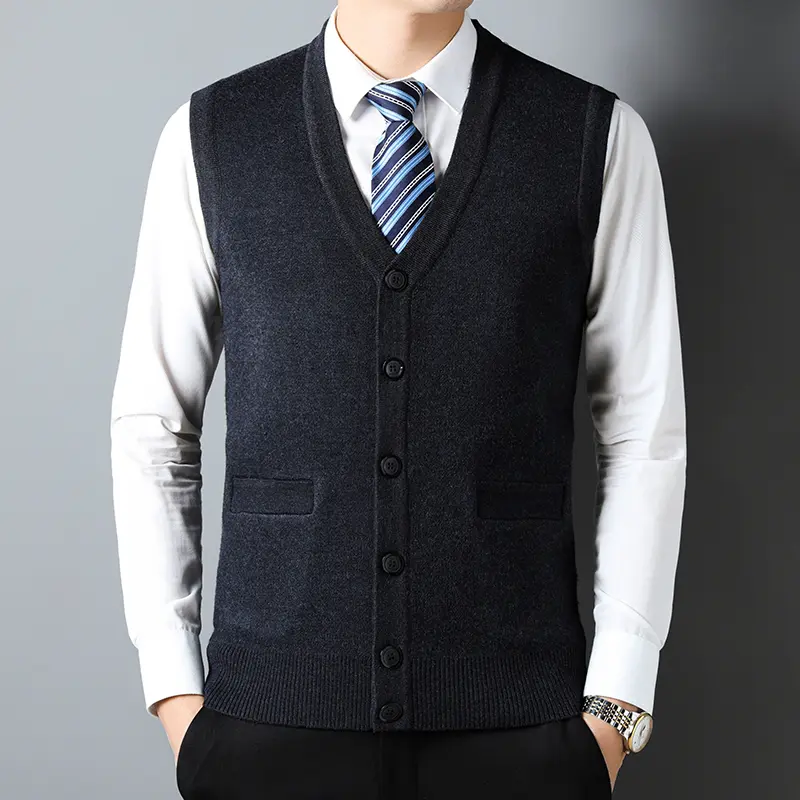 Luxury autumn and winter single breasted V-neck vest men fashionable pocket sleeveless knitted vest business casual vest caot