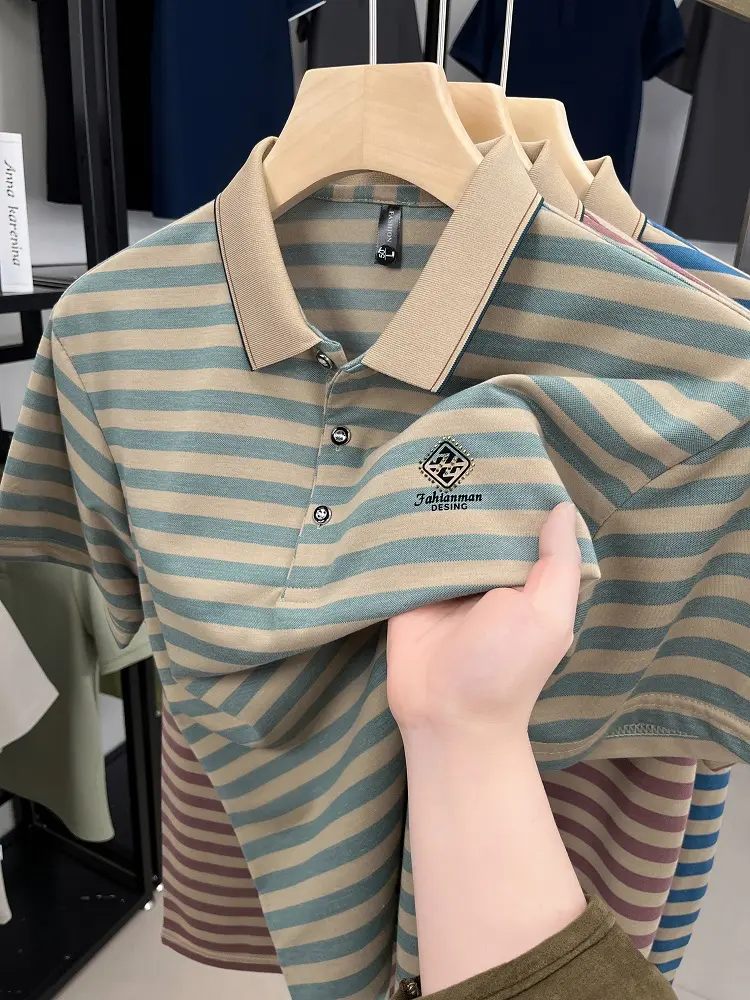 Luxury brand striped rhinestone short sleeve T-shirt men's lapel casual top summer trend ice silk breathable business polo shirt