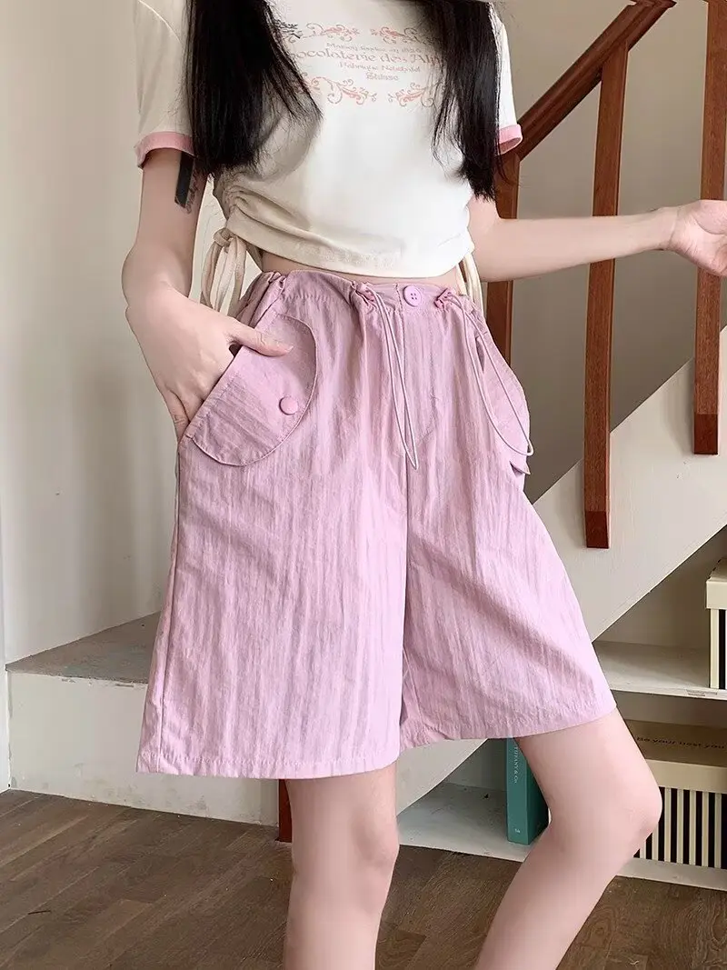 Pink workwear shorts for women in summer, thin cut high waisted five quarter pants, quick drying wide leg pants