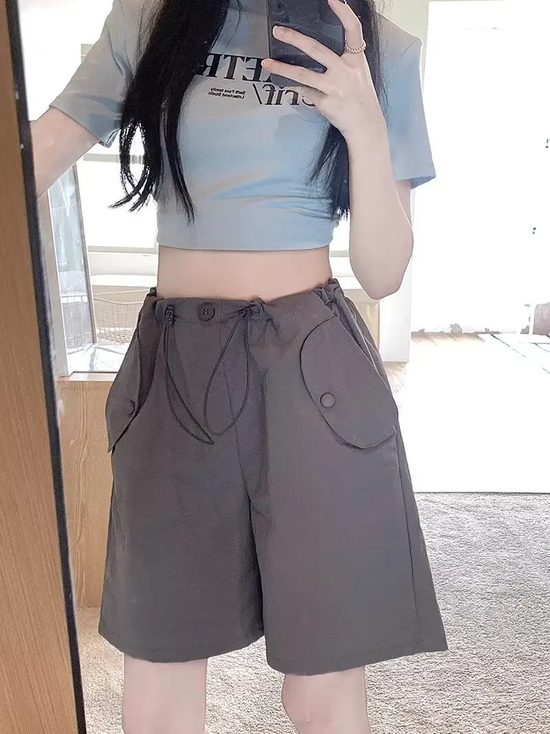 Pink workwear shorts for women in summer, thin cut high waisted five quarter pants, quick drying wide leg pants