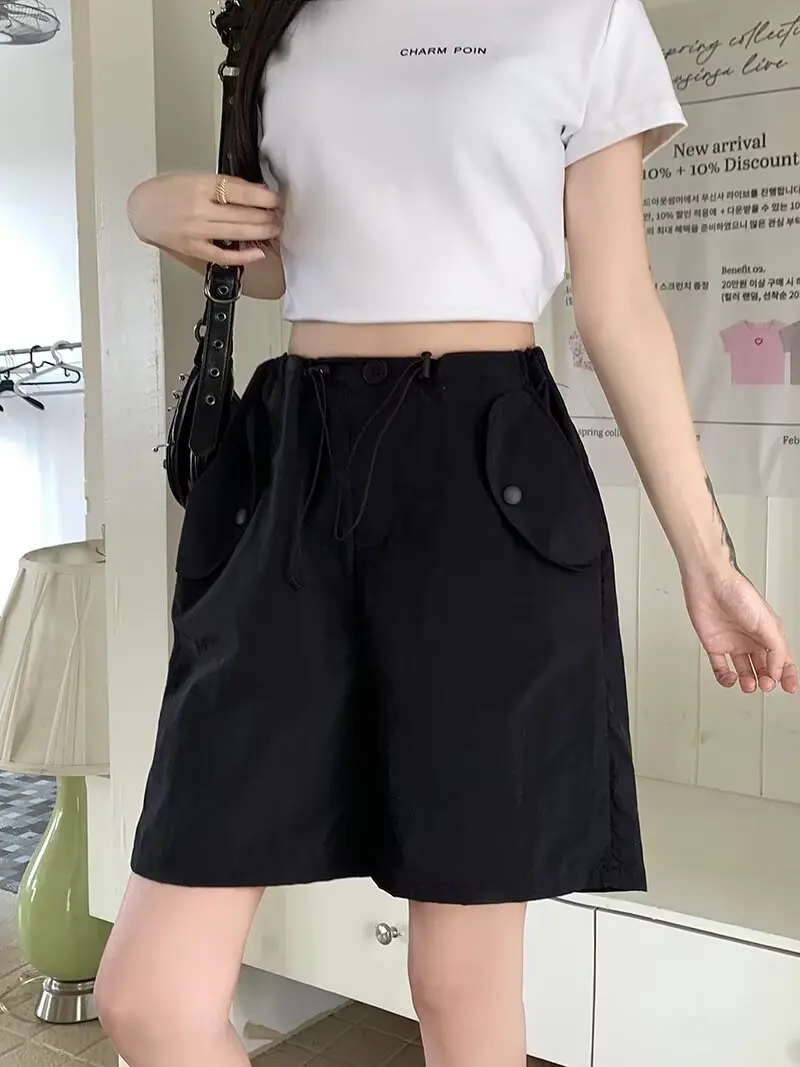 Pink workwear shorts for women in summer, thin cut high waisted five quarter pants, quick drying wide leg pants
