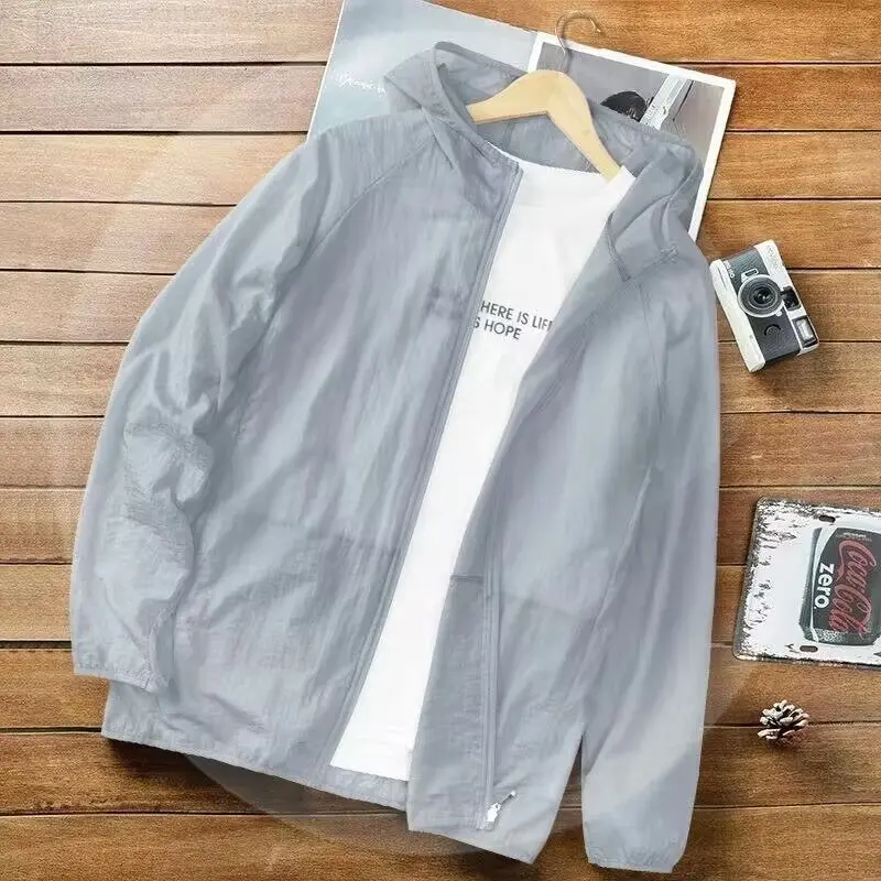 Ice silk sunscreen clothes for men in summer, thin, breathable hooded, fishing, cycling, leisure, outdoor quick drying jacket ja