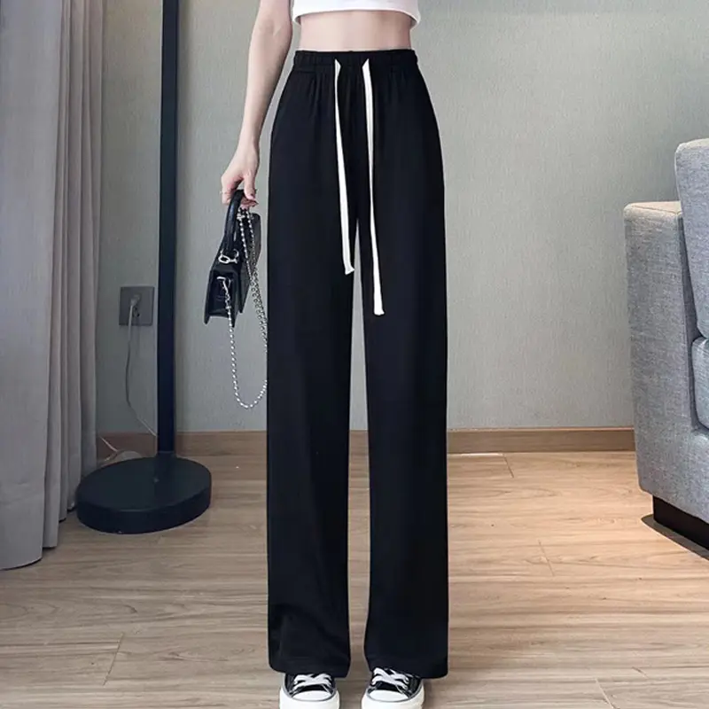 Ice silk wide leg pants for women with a sense of drape, long pants for summer, short stature, high waist, slimming, casual pant