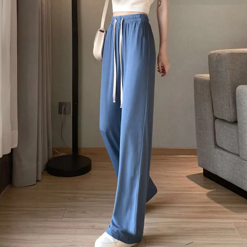 Ice silk wide leg pants for women with a sense of drape, long pants for summer, short stature, high waist, slimming, casual pant