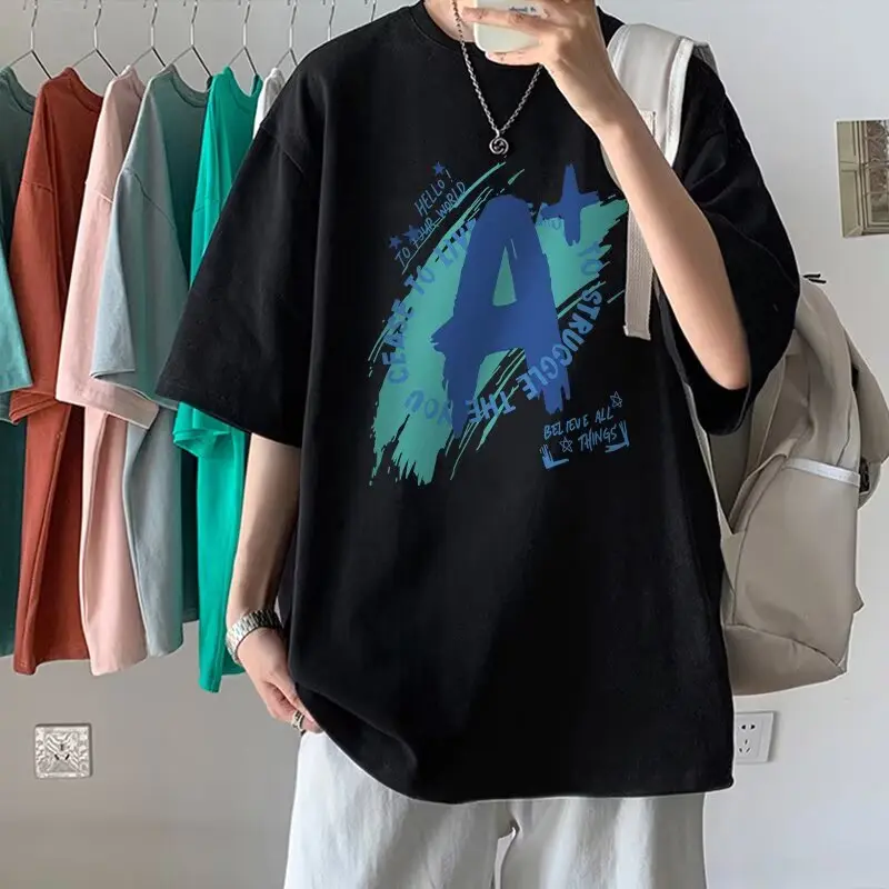 Black short sleeved T-shirt, pure cotton top, men's summer fashion print, versatile casual half sleeve
