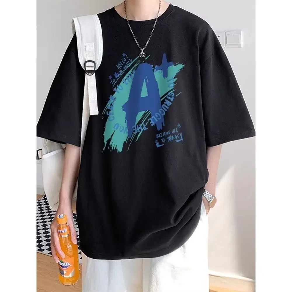 Black short sleeved T-shirt, pure cotton top, men's summer fashion print, versatile casual half sleeve