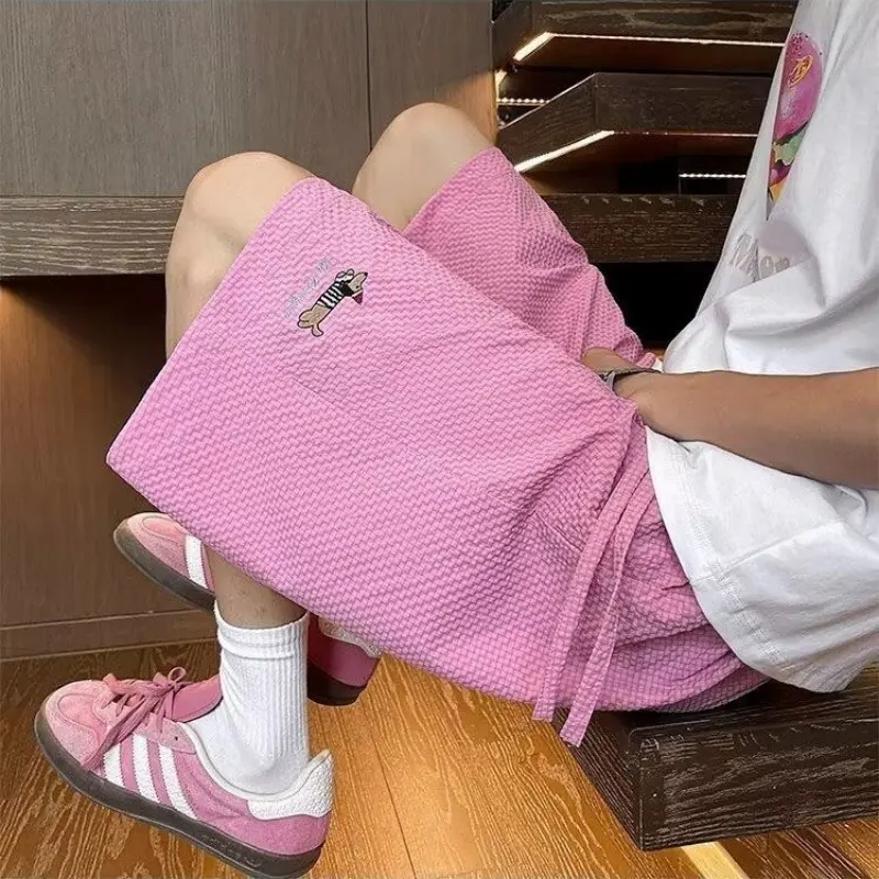 Summer new bubble grid simple casual shorts men's trendy brand breathable sports five quarter pants loose beach pants