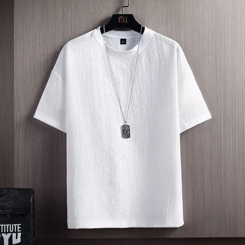 Summer new men's short sleeved T-shirt with half sleeves, round neck T-shirt, solid color, loose and simple white five quarter s