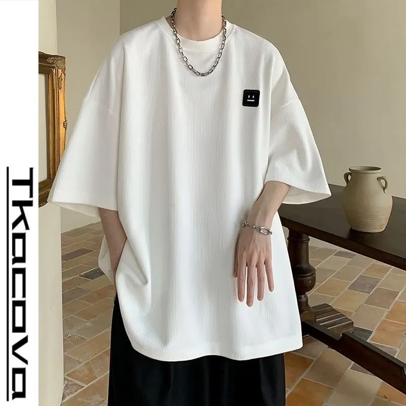 Waffle white short sleeved T-shirt for men in summer, loose and casual, versatile, trendy brand high street ruffian handsome fiv