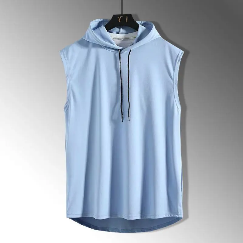 Summer men's sleeveless T-shirt sweatshirt solid color sleeveless hoodie large loose solid color top trendy vest versatile