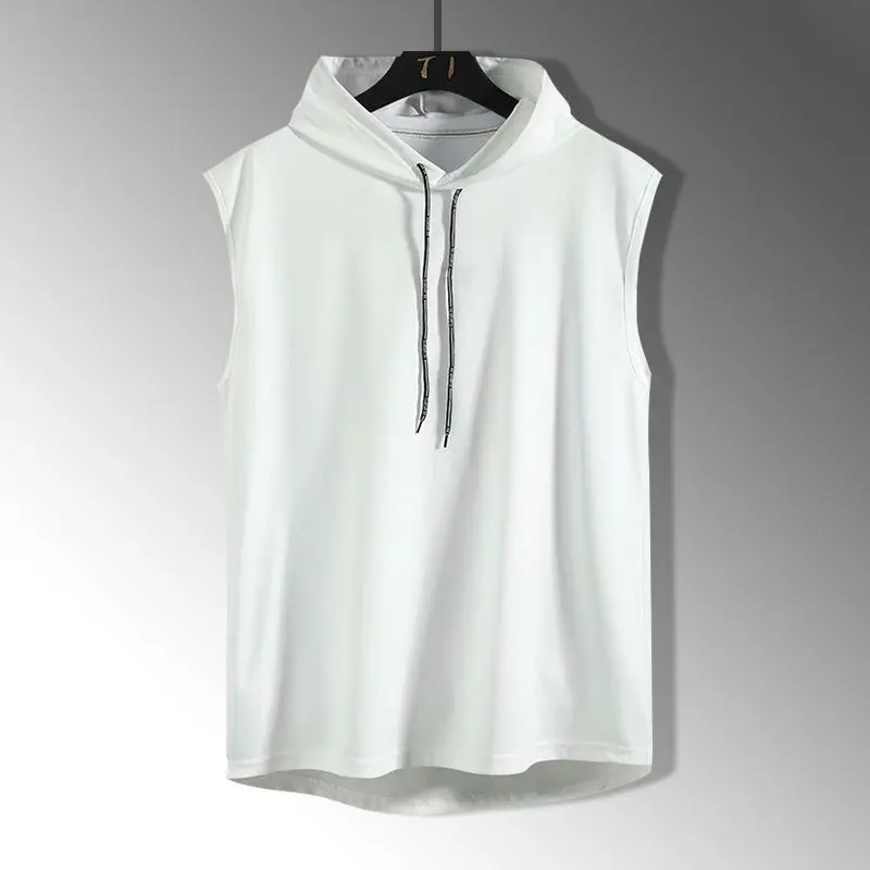 Summer men's sleeveless T-shirt sweatshirt solid color sleeveless hoodie large loose solid color top trendy vest versatile