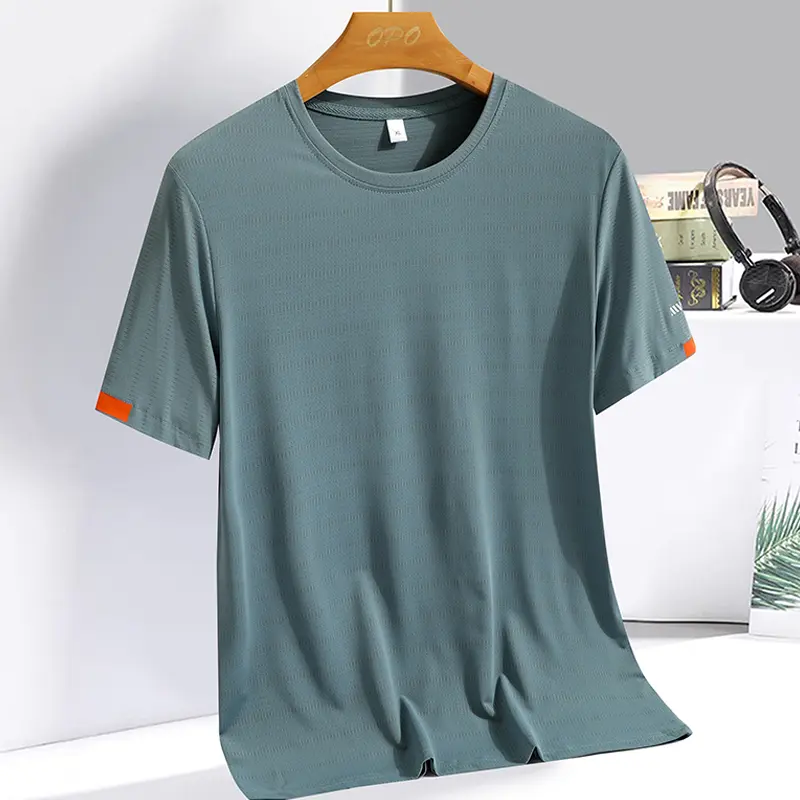Men's Silk Ice Round Collar T-shirt, Simple Running Fitness Suit, Breathable Thin T-shirt, Quick Dry T-shirt, Summer