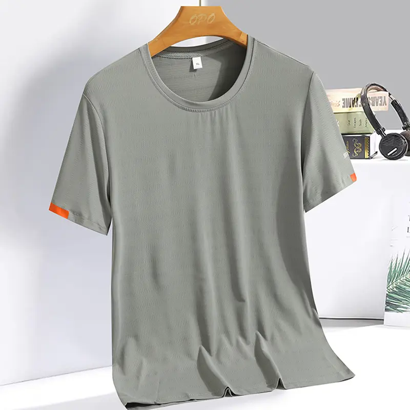 Men's Silk Ice Round Collar T-shirt, Simple Running Fitness Suit, Breathable Thin T-shirt, Quick Dry T-shirt, Summer