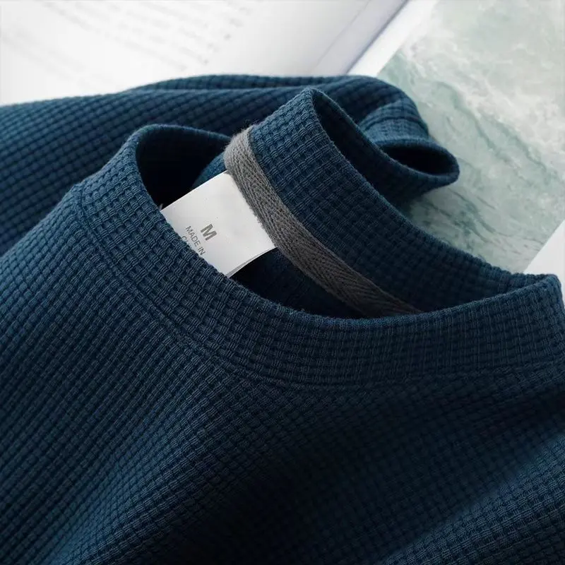 Waffle short sleeved T-shirt with back pocket collar, men's and women's summer Japanese round neck half sleeved top, loose casua