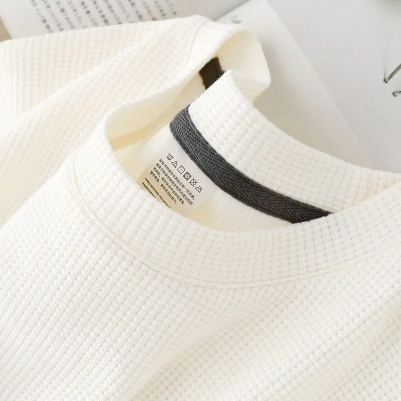 Waffle short sleeved T-shirt with back pocket collar, men's and women's summer Japanese round neck half sleeved top, loose casua