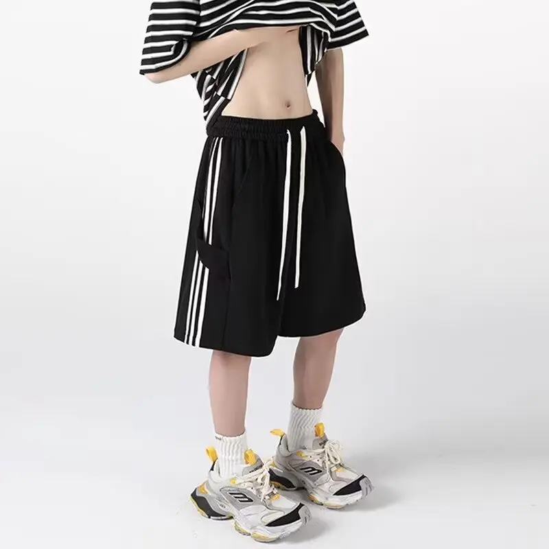 Striped patchwork sports shorts men's summer new five quarter pants loose straight leg heavyweight casual pants