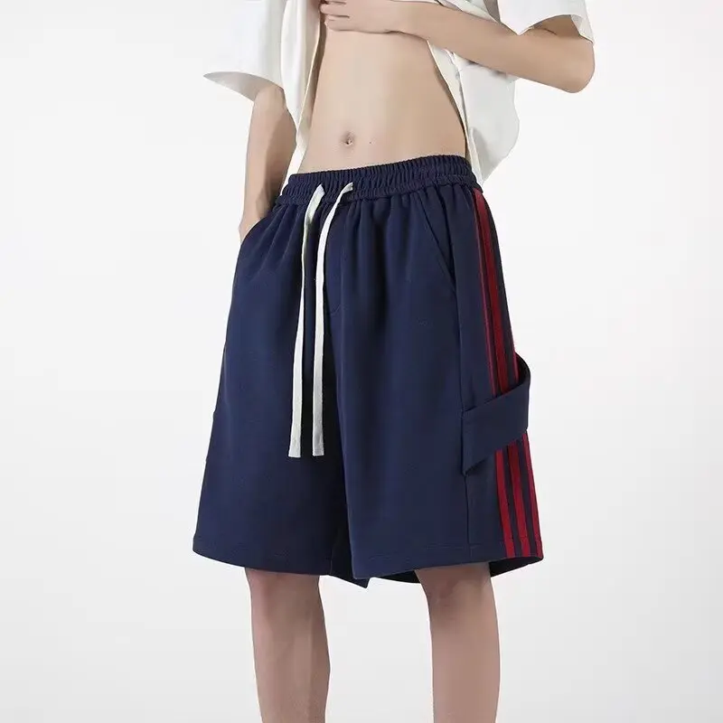 Striped patchwork sports shorts men's summer new five quarter pants loose straight leg heavyweight casual pants