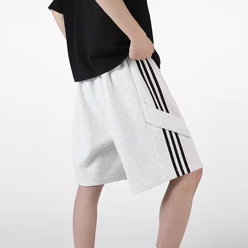 Striped patchwork sports shorts men's summer new five quarter pants loose straight leg heavyweight casual pants