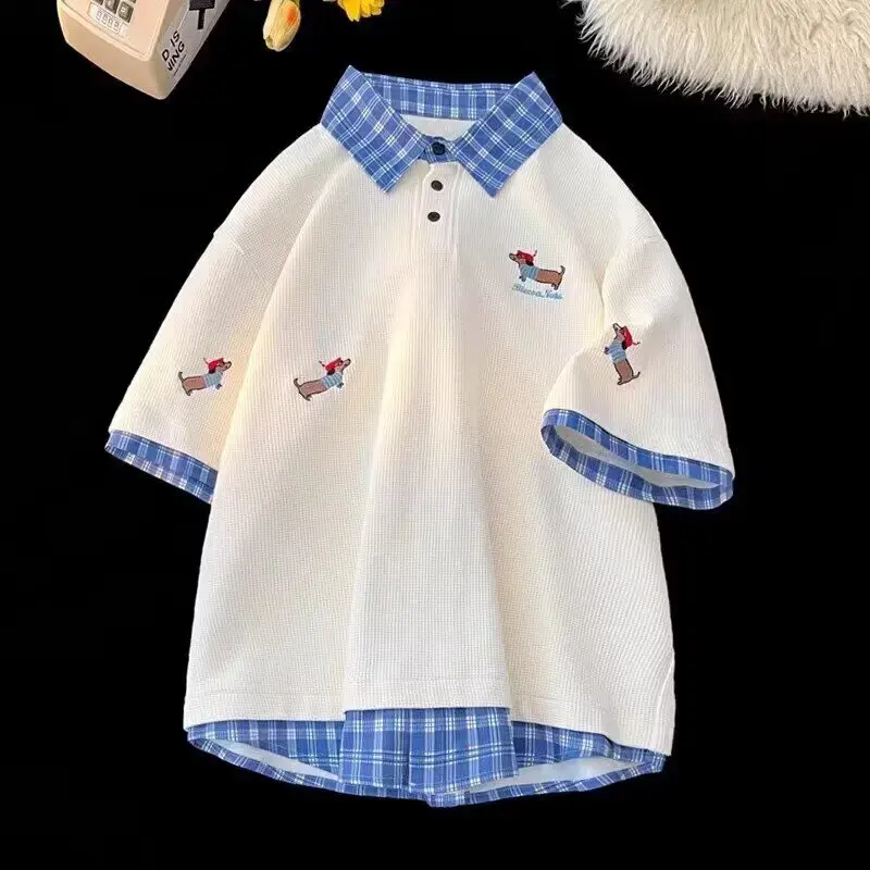 Fake two piece embroidered short sleeved T-shirt for men's summer wear, plus fat and plus size, trendy and chubby, loose casual