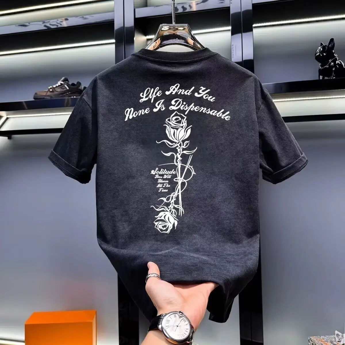 Light luxury short sleeved T-shirt for men, summer new style, personalized and trendy design, letter printed round neck casual a