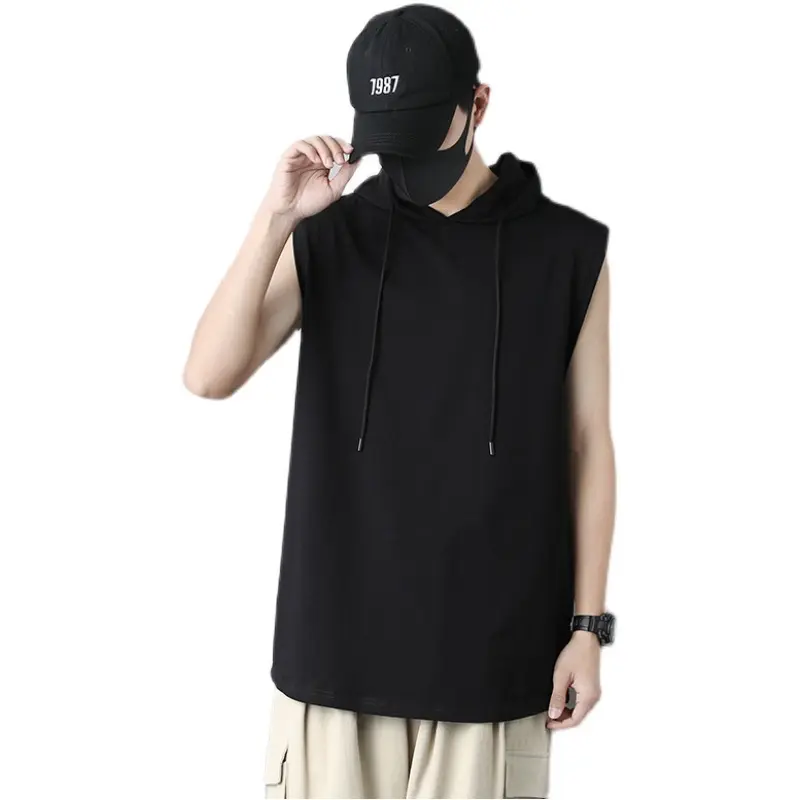 Sports wide shoulder running hooded vest men's hoodie small shirt black solid color sleeveless t-shirt summer trendy outerwear c
