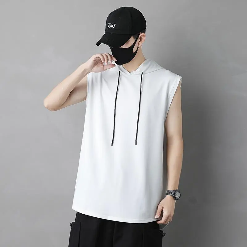 Sports wide shoulder running hooded vest men's hoodie small shirt black solid color sleeveless t-shirt summer trendy outerwear c