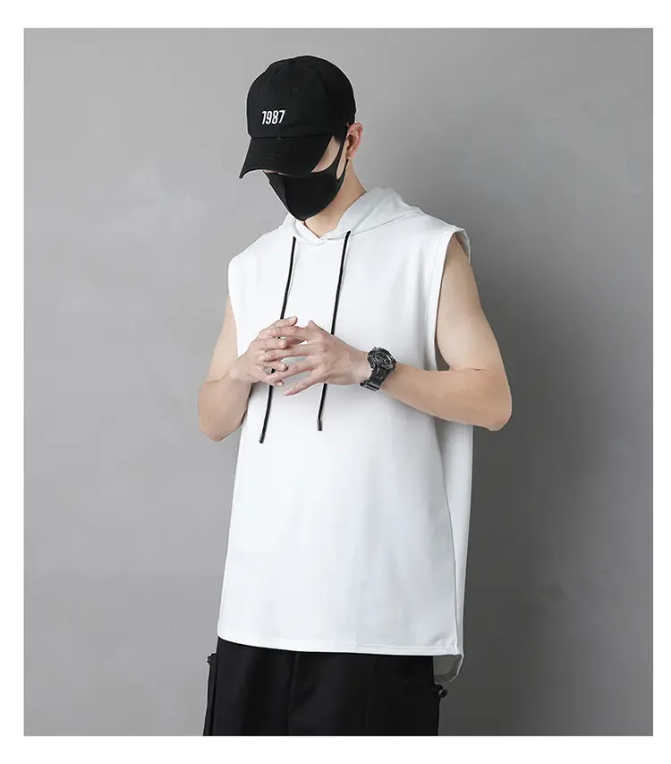 Sports wide shoulder running hooded vest men's hoodie small shirt black solid color sleeveless t-shirt summer trendy outerwear c