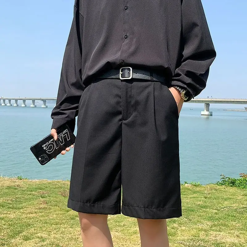 Ice silk suit shorts for men in summer, thin casual mid length pants with ins drape, trendy five point loose straight leg wide l