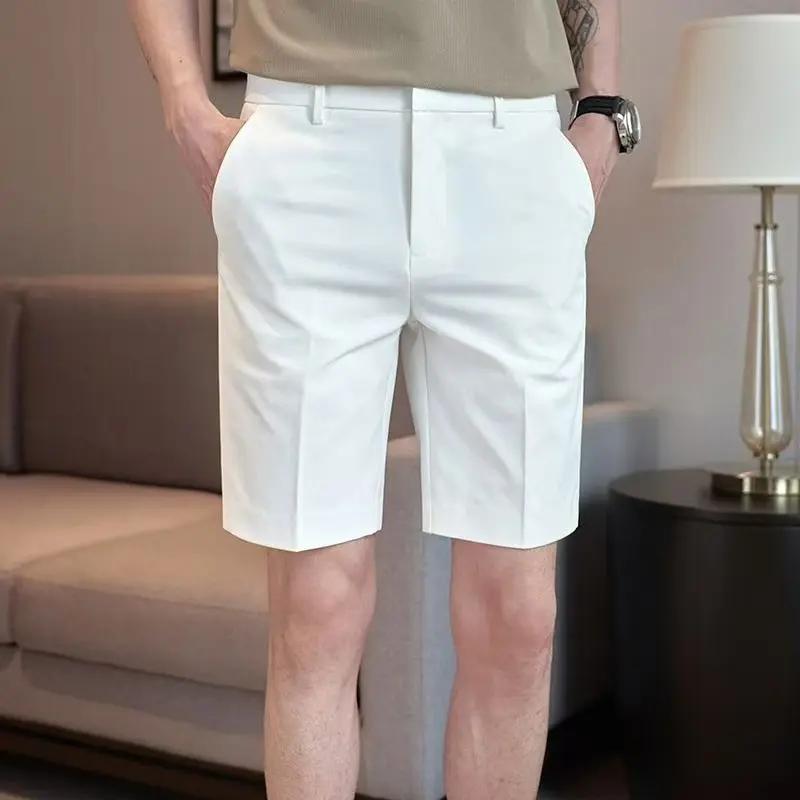 Ice silk suit shorts for men in summer, thin casual mid length pants with ins drape, trendy five point loose straight leg wide l