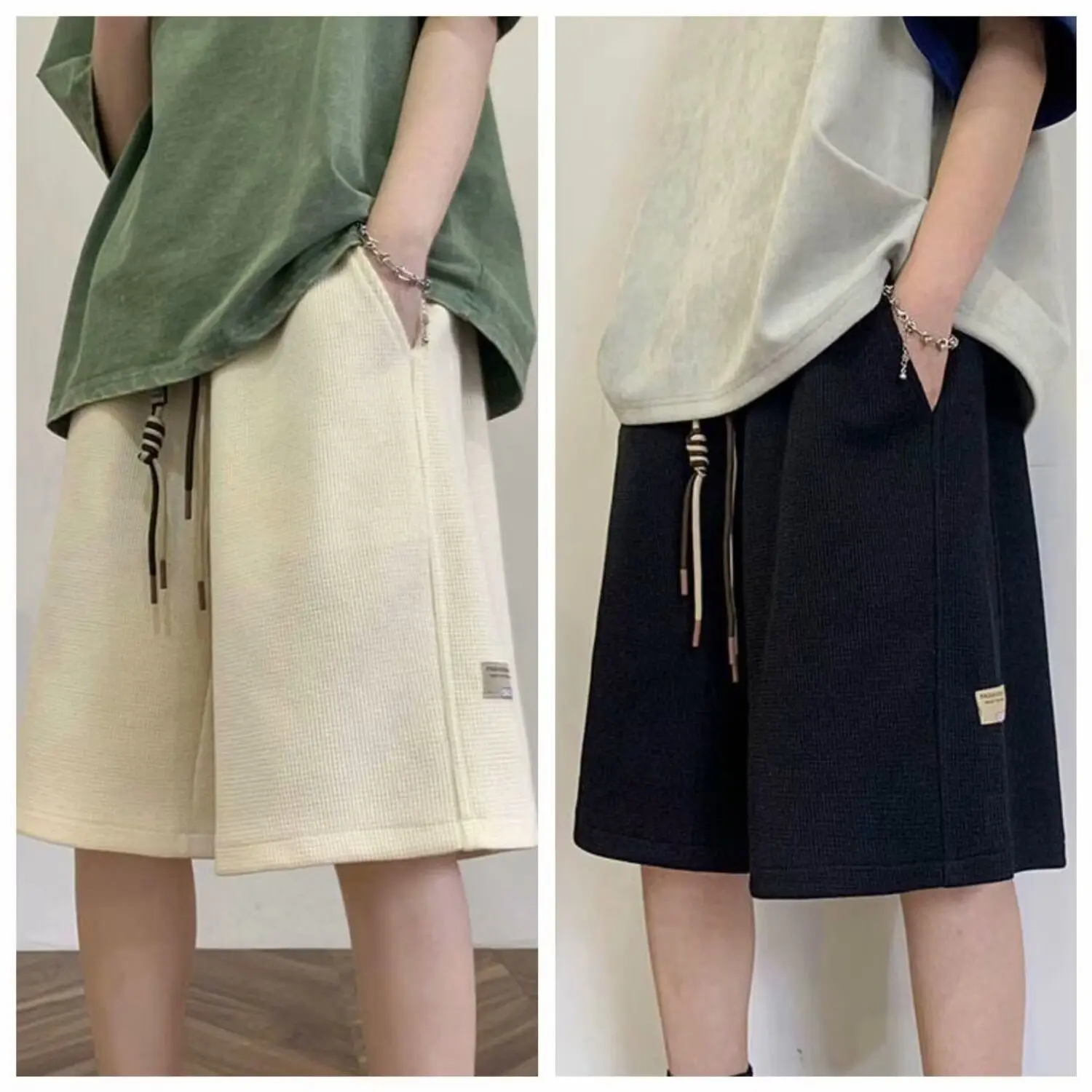 Waffle shorts men's summer trendy brand loose oversized label casual pants American basketball sports