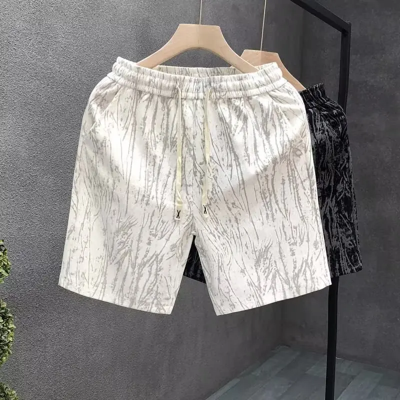 High end striped casual shorts men's summer new style men's pants linen outer wear cotton linen five quarter pants men's style