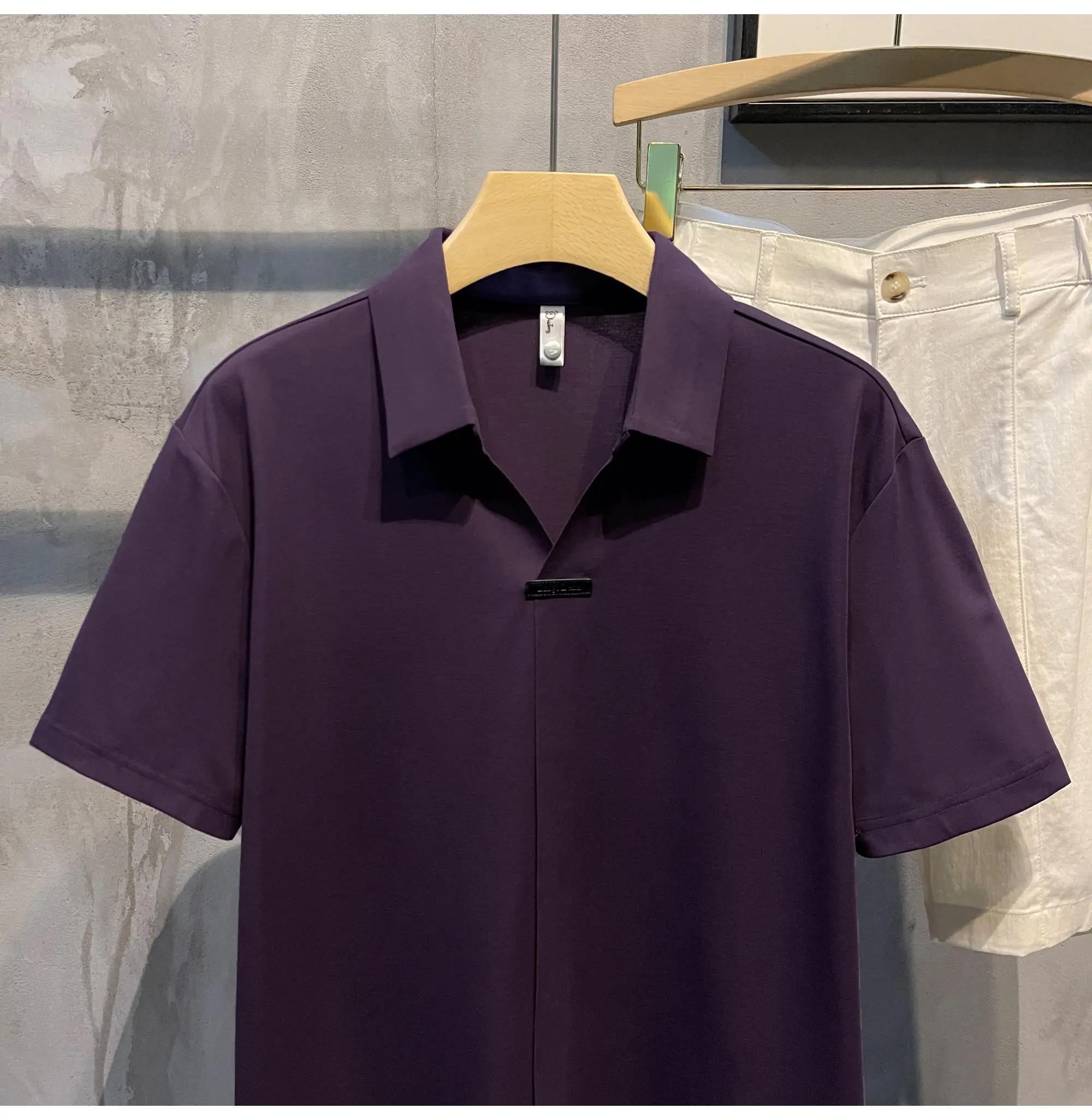 Ice silk men's British light luxury solid color comfortable short sleeved polo shirt retro temperament summer thin V-neck polo s