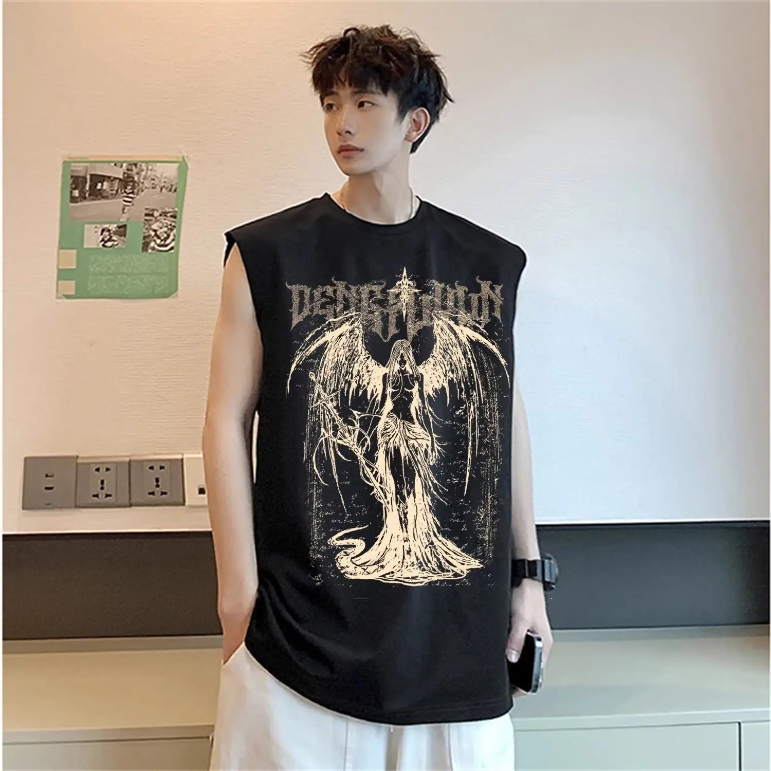 Casual wing angel print round neck vest for men and women loose top