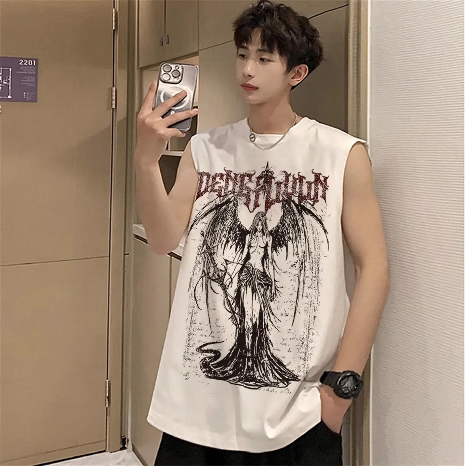 Casual wing angel print round neck vest for men and women loose top