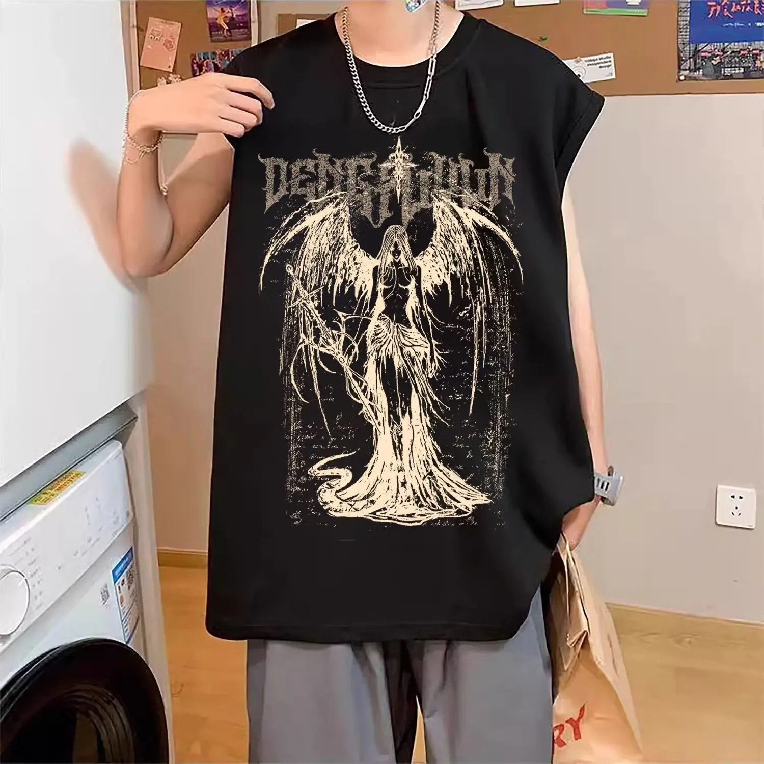 Casual wing angel print round neck vest for men and women loose top