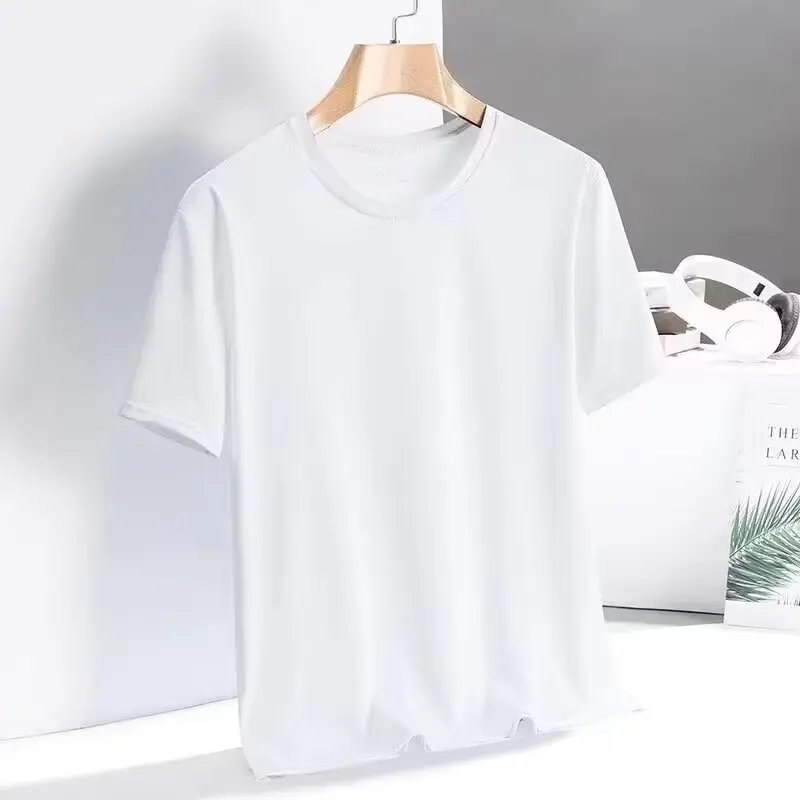 Ice silk T-shirt men's round neck sweatshirt loose half sleeved summer thin round neck T-shirt solid color quick drying T-shirt