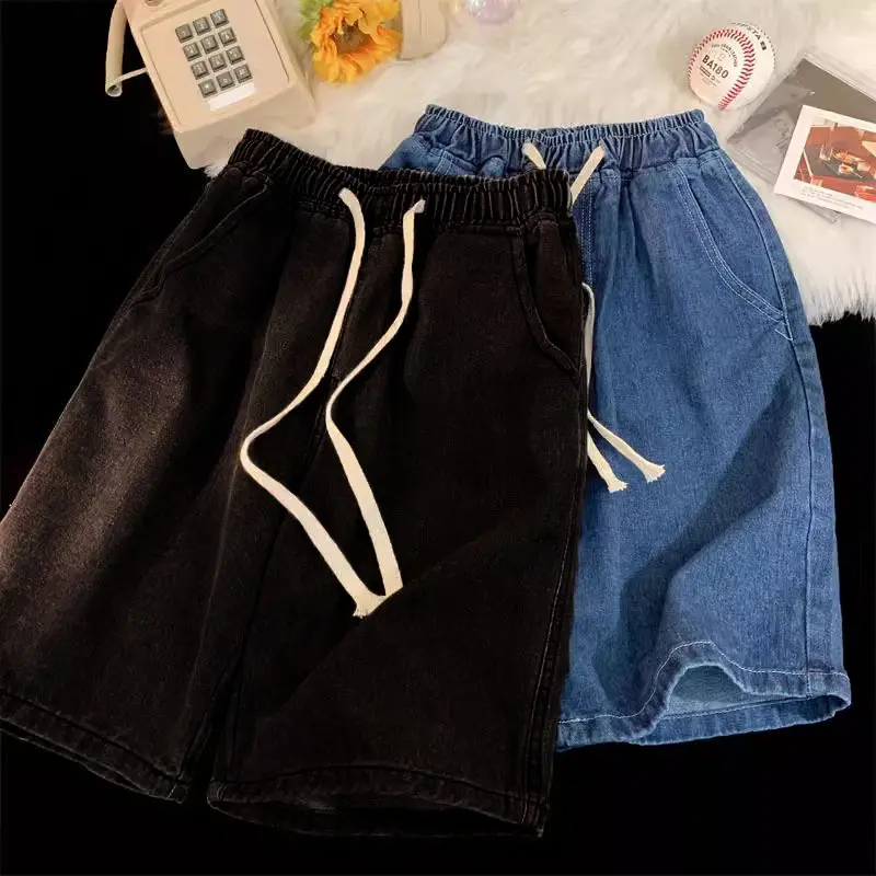 Denim shorts summer thin loose five quarter pants trendy brand casual washed elastic waist straight leg shorts