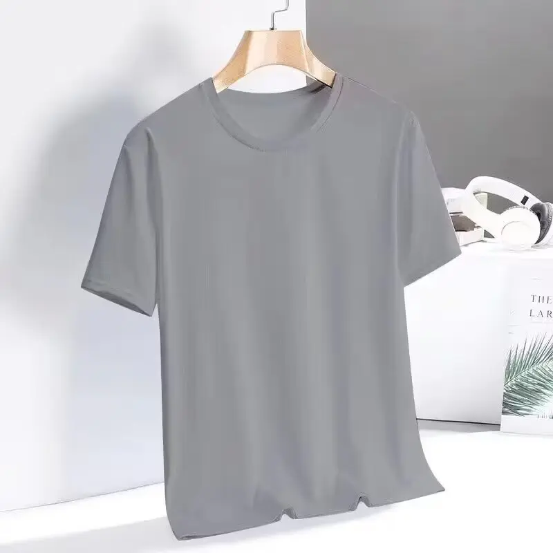 Ice silk T-shirt men's round neck sweatshirt loose half sleeved summer thin round neck T-shirt solid color quick drying T-shirt