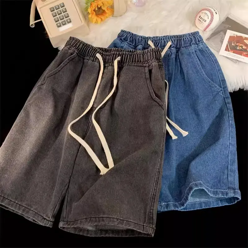 Denim shorts summer thin loose five quarter pants trendy brand casual washed elastic waist straight leg shorts