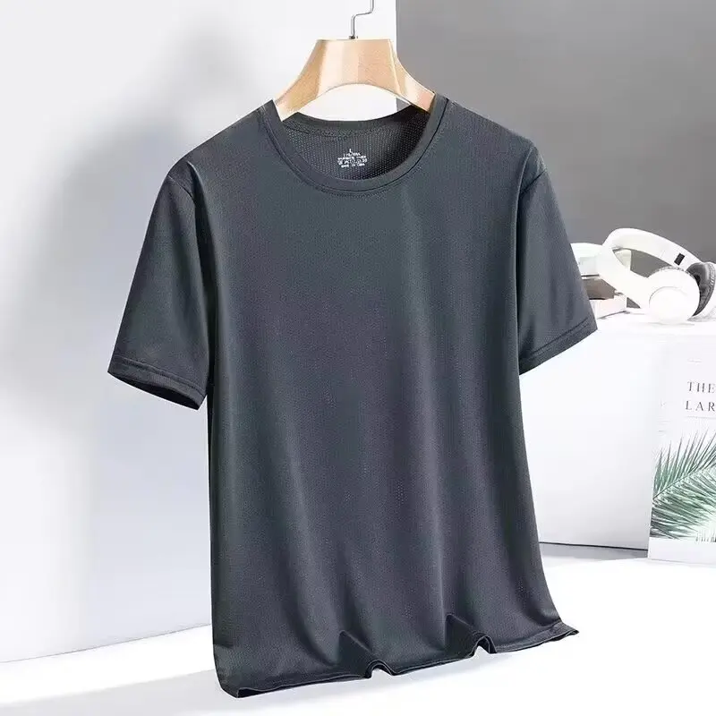 Ice silk T-shirt men's round neck sweatshirt loose half sleeved summer thin round neck T-shirt solid color quick drying T-shirt