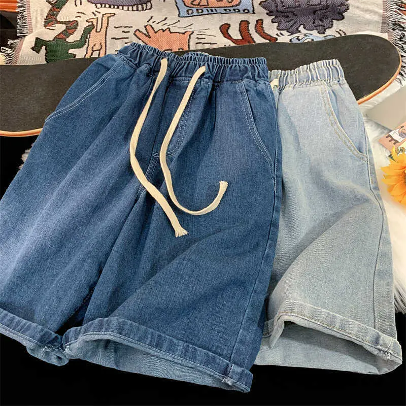 Denim shorts summer thin loose five quarter pants trendy brand casual washed elastic waist straight leg shorts