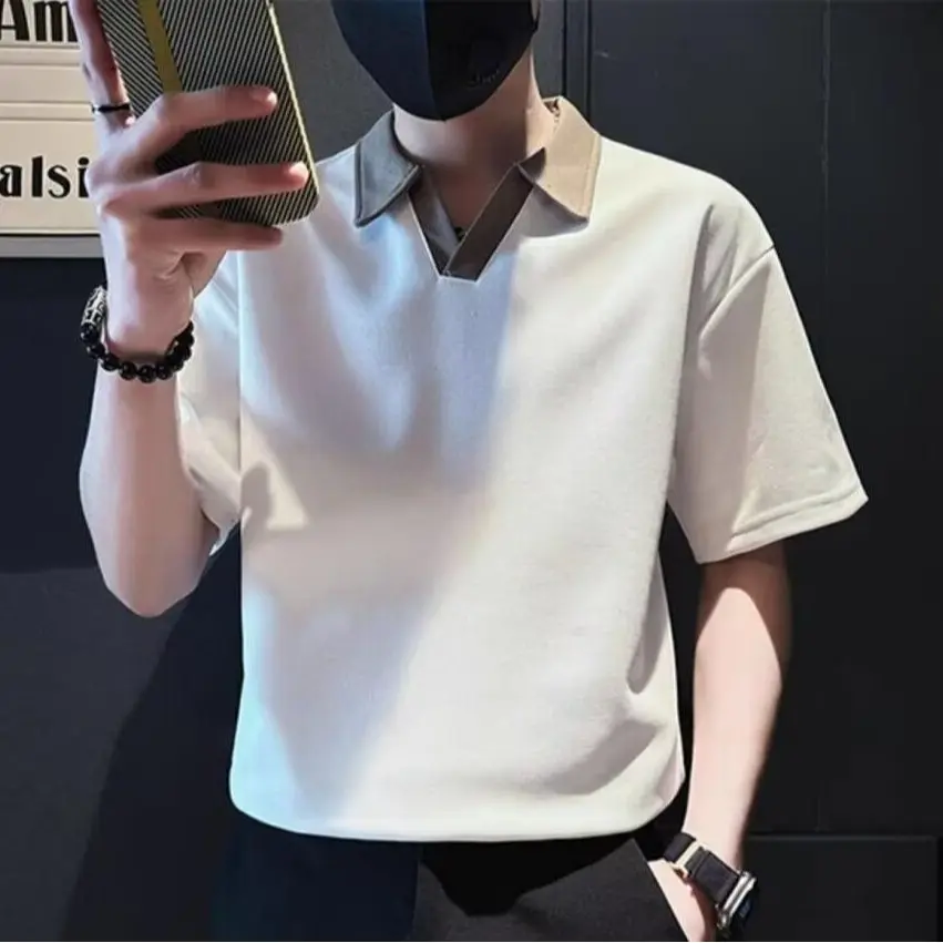 Summer stand up collar short sleeved plol shirt men's lapel top loose clothing Korean version trendy casual daily versatile polo