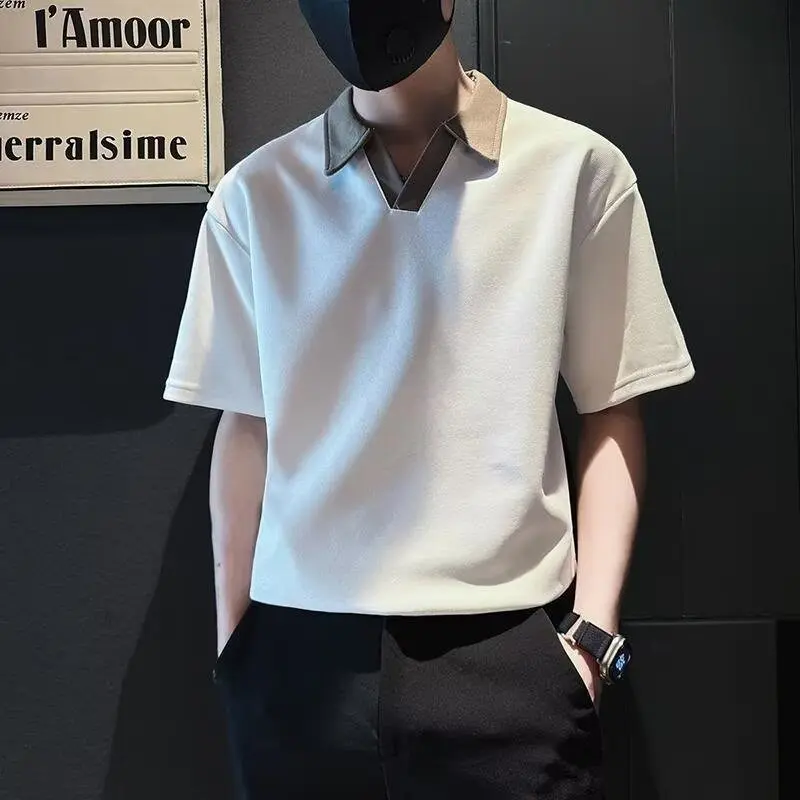 Summer stand up collar short sleeved plol shirt men's lapel top loose clothing Korean version trendy casual daily versatile polo