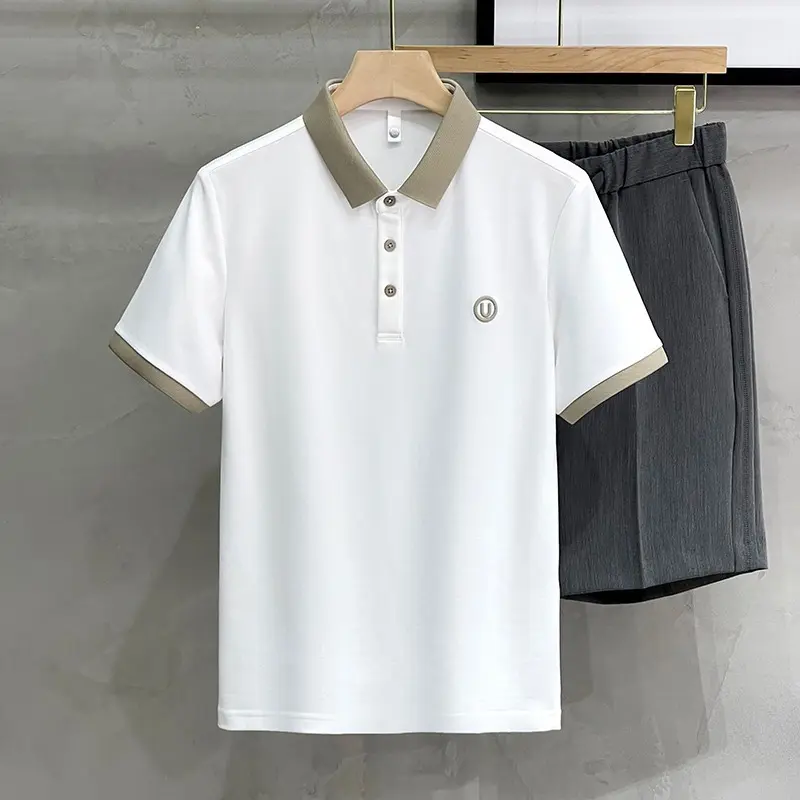 Summer ice silk high-end embroidered polo shirt for men, slim fit short sleeved, contrasting color lapel T-shirt top