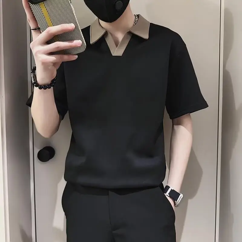 Summer stand up collar short sleeved plol shirt men's lapel top loose clothing Korean version trendy casual daily versatile polo