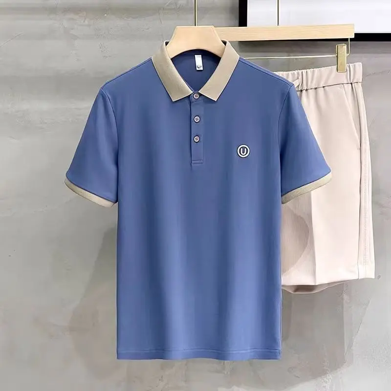 Summer ice silk high-end embroidered polo shirt for men, slim fit short sleeved, contrasting color lapel T-shirt top