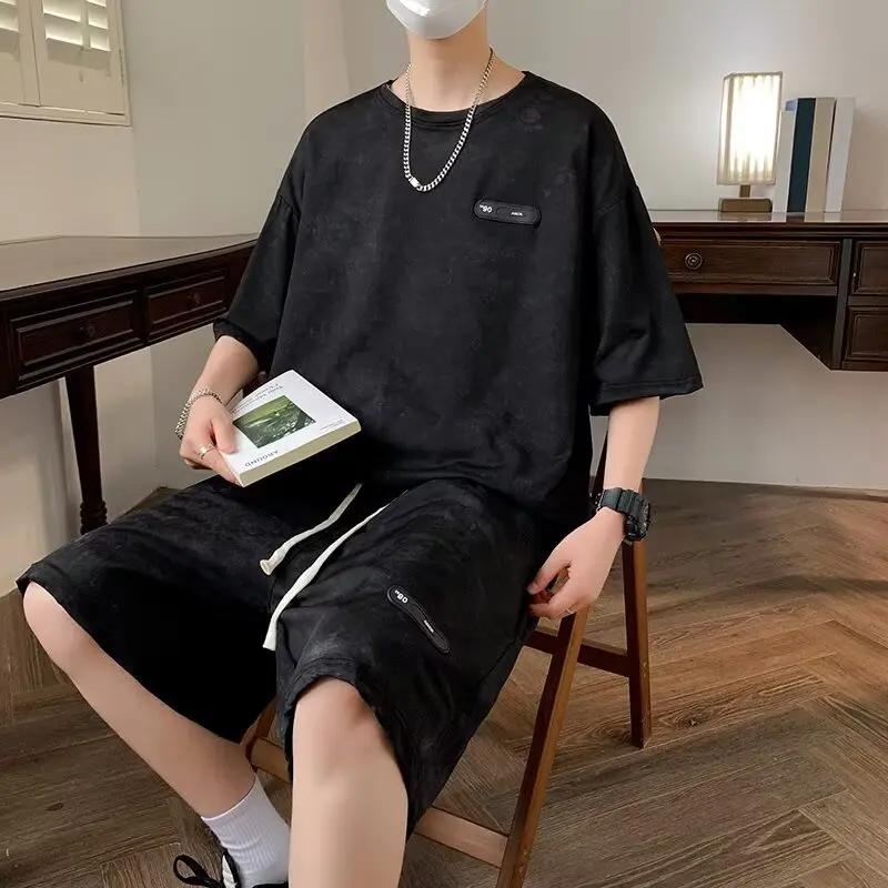 Tie dye letter embroidery short sleeved suit men's summer lazy style T-shirt shorts two-piece set summer trendy brand home cloth