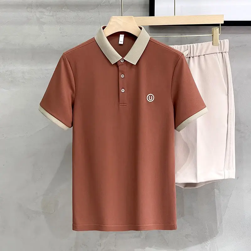 Summer ice silk high-end embroidered polo shirt for men, slim fit short sleeved, contrasting color lapel T-shirt top